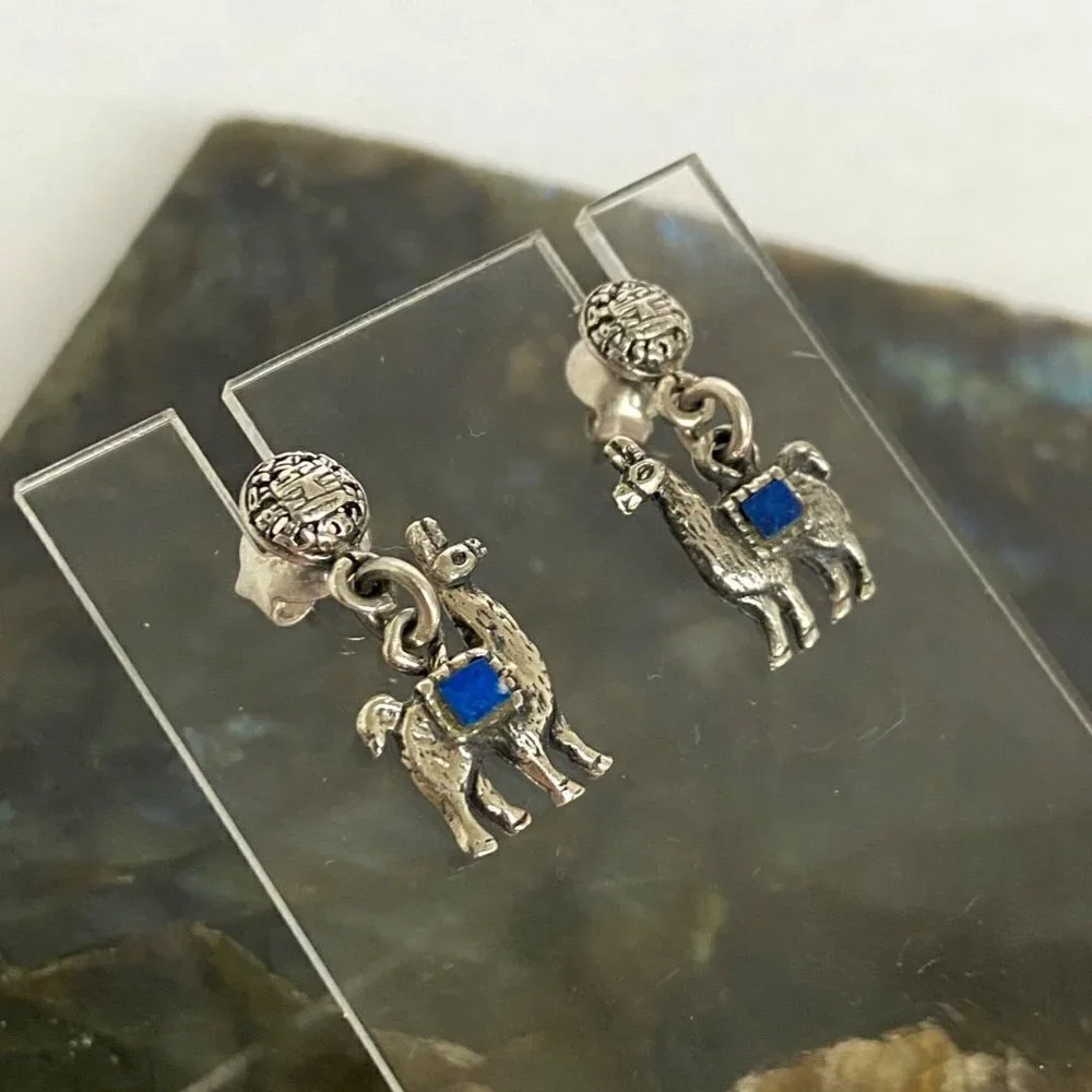 Sterling Silver 925 Southwest Style Llama Alpaca Lapis Dangle Drop Earrings
